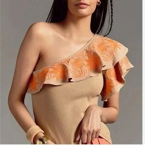 Anthropologie Dolan One-Shoulder Dress in Tan with Orange Floral Accents